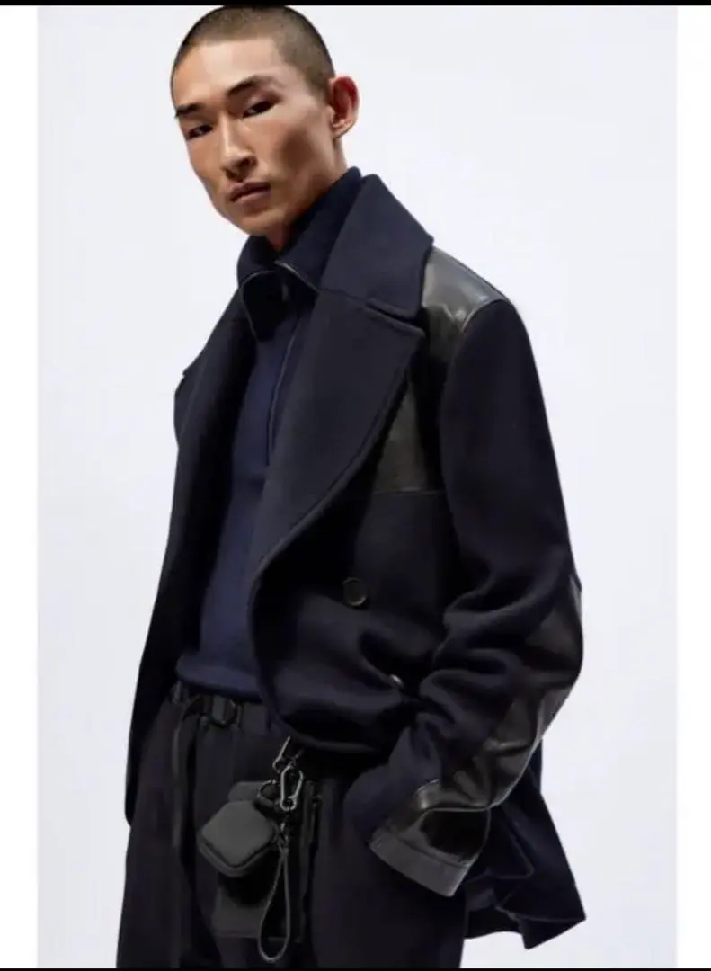 ZARA × studio nicholson パッチレザーピーコート 値下げ！】スタジオニコルソン ZARA レザーパッチ ピーコート S