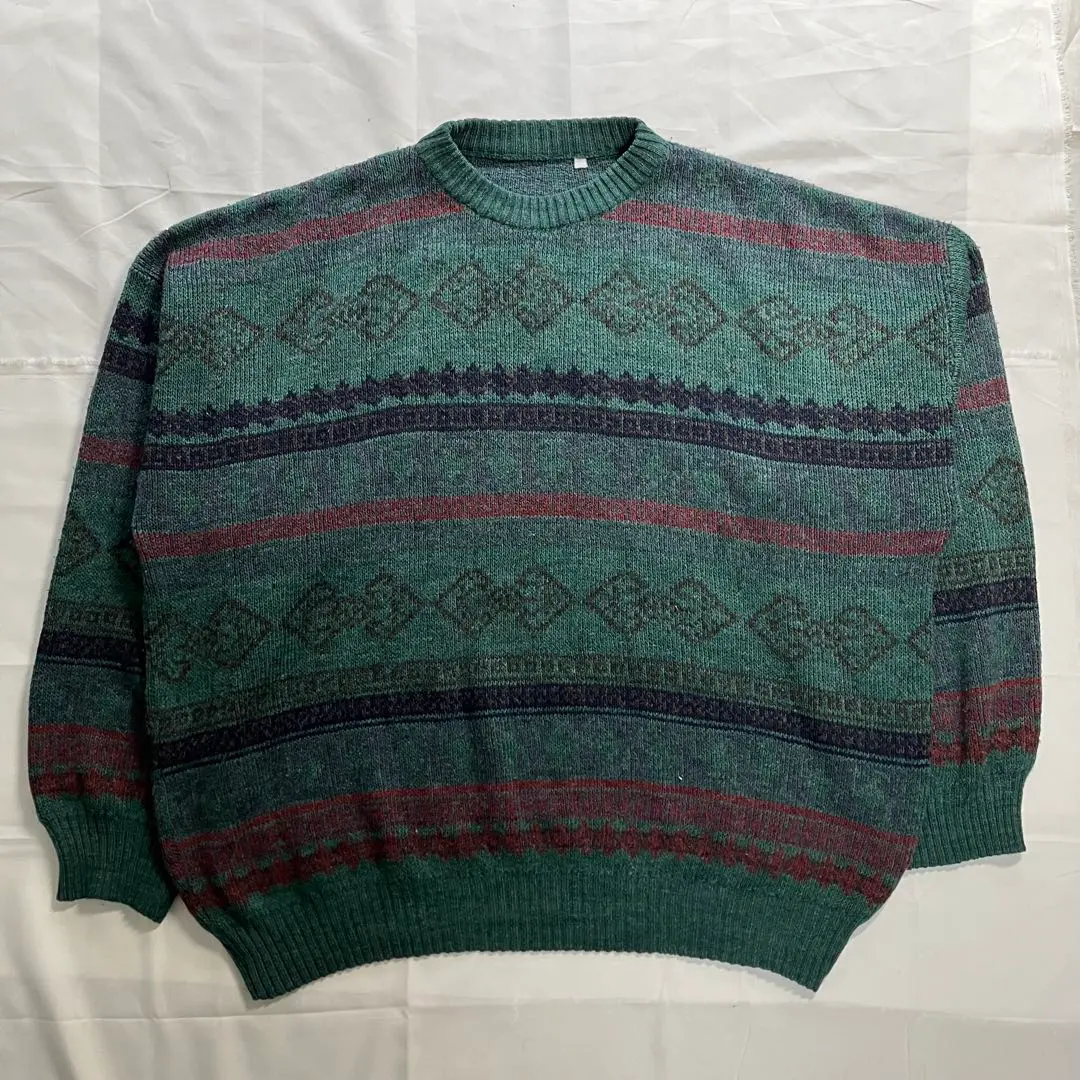 Thumbnail of Vintage Pattern Knit Sweater Crew Neck Green