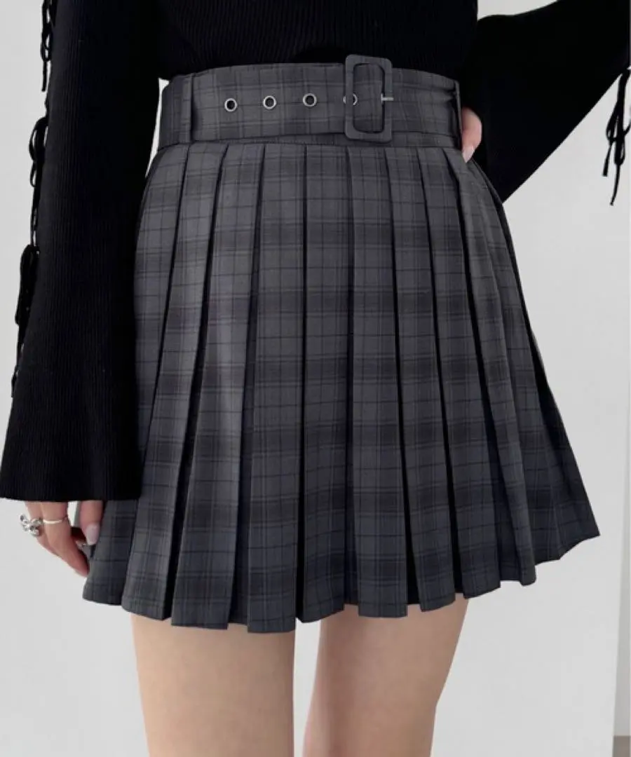 Thumbnail of Heather Pleated Mini Skirt with Belt, Gray Check, Size S