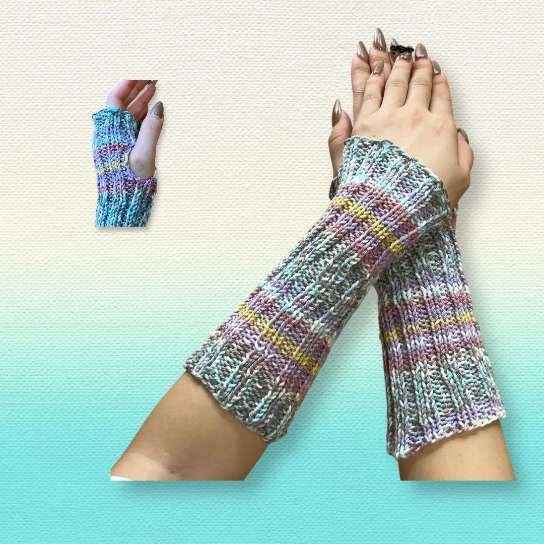 Thumbnail of Pink Handmade Knit Arm Warmers, Thin, Striped, Dyed