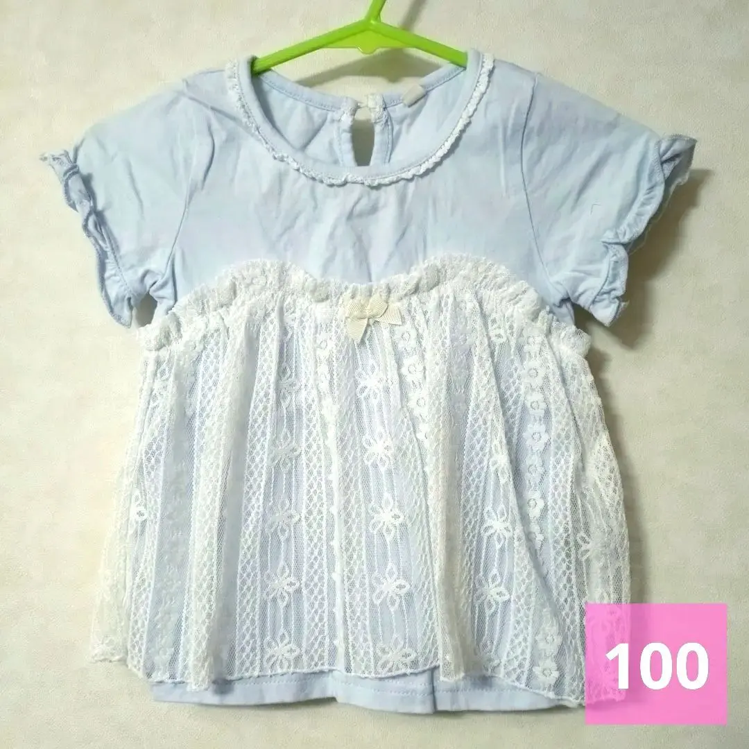 Thumbnail of [100] Girls' Short Sleeve Shirt Lace Frills Light Blue Girly