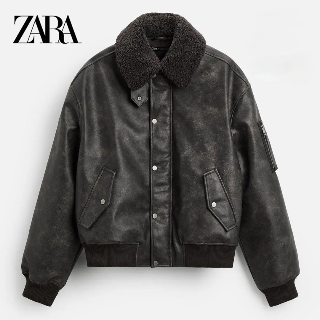 ZARA　フェイクレザー　取り外し可能　襟付きジャケット 2025年最新】フェイクレザー 取り外し可能な襟付きジャケット