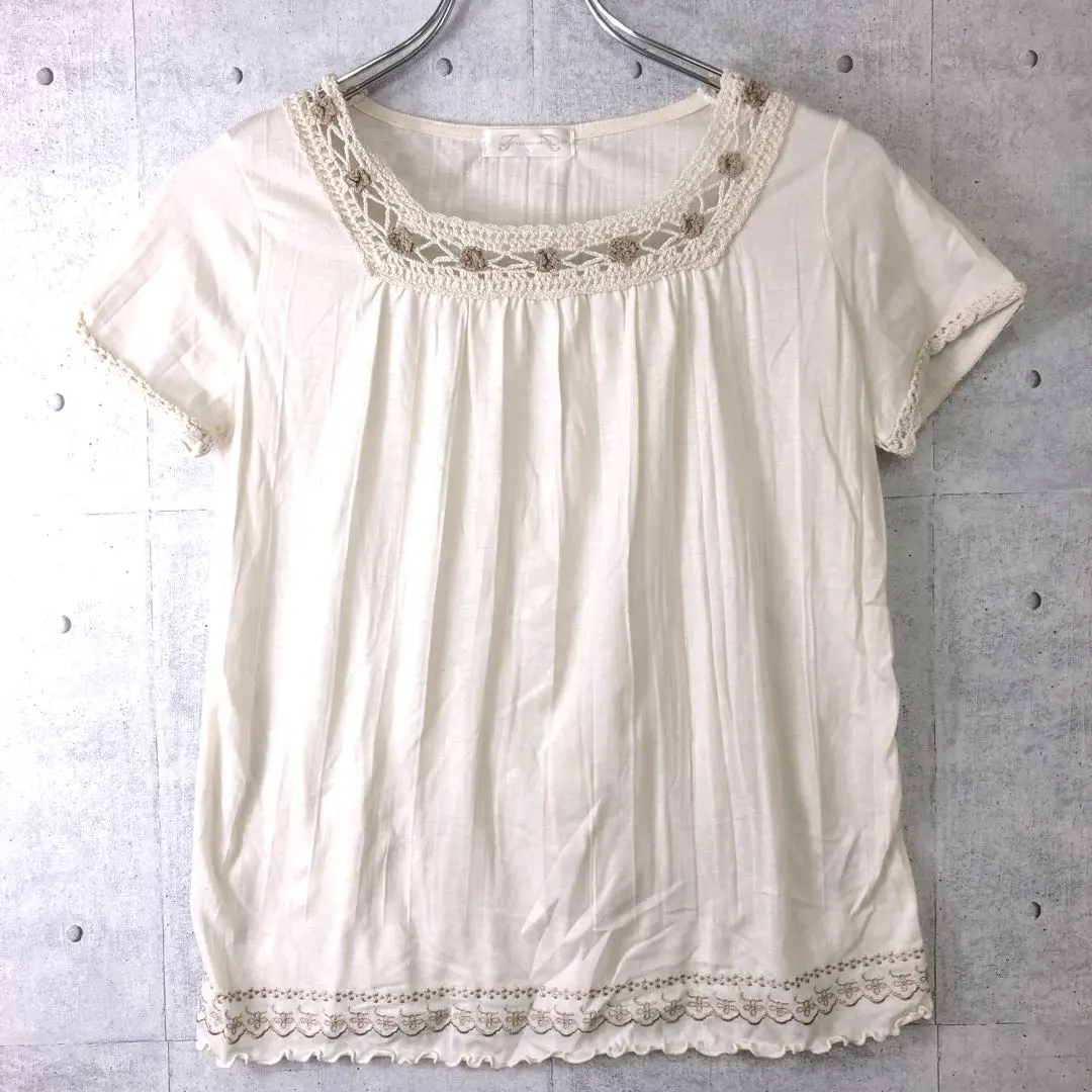Thumbnail of Mori-kei Vintage Lace Trim Crochet Knit Combo Floral Embroidered Short Sleeve Top