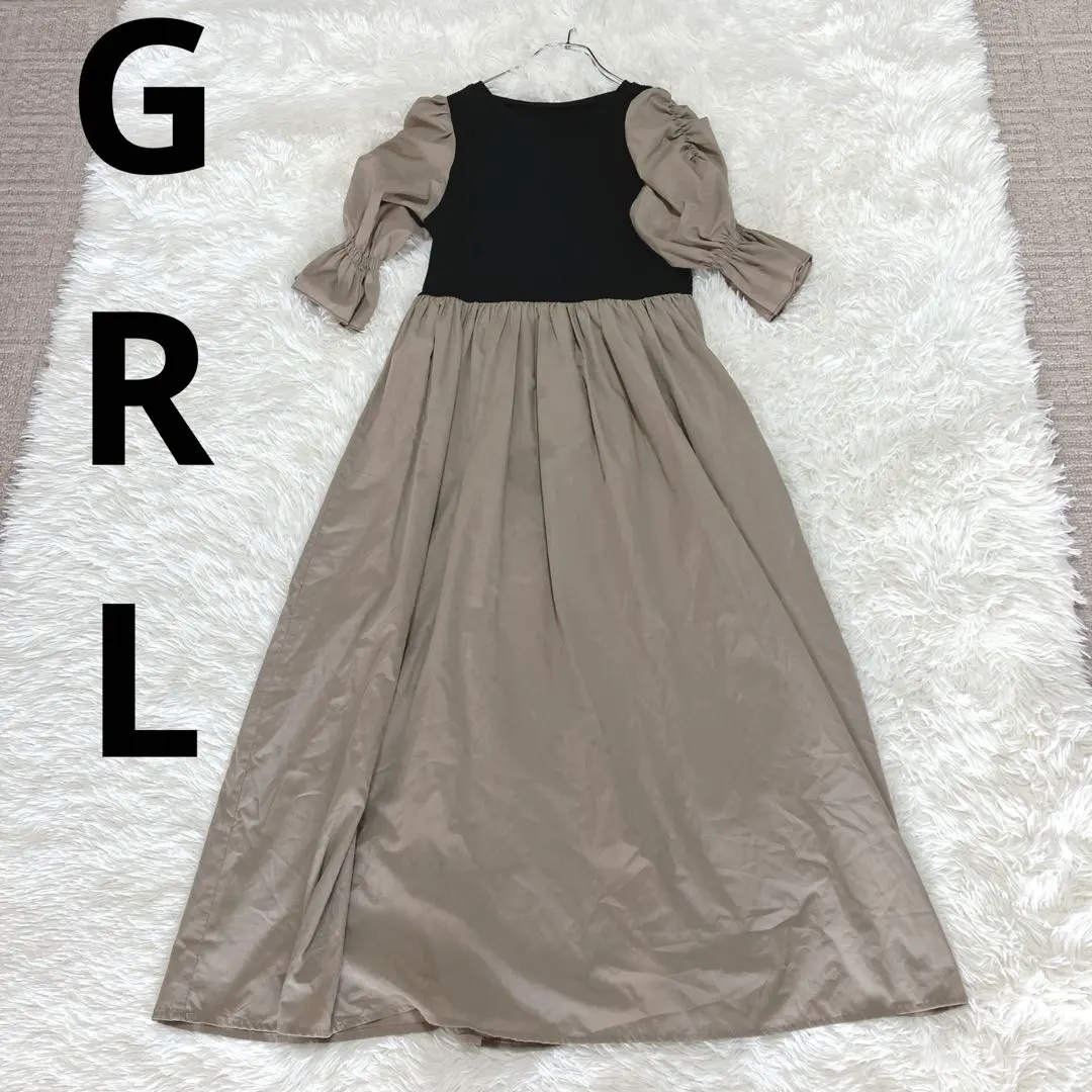 GRL 格雷爾(M) 七分袖 拼接 長洋裝 A字 米色 黑色 的縮圖