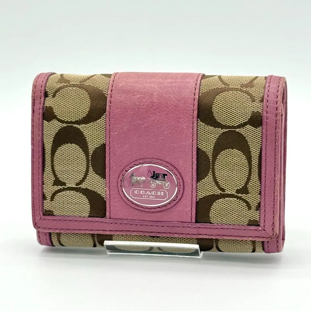 【美品】COACH 雙摺錢包 經典標誌帆布 皮革 粉色系 的縮圖