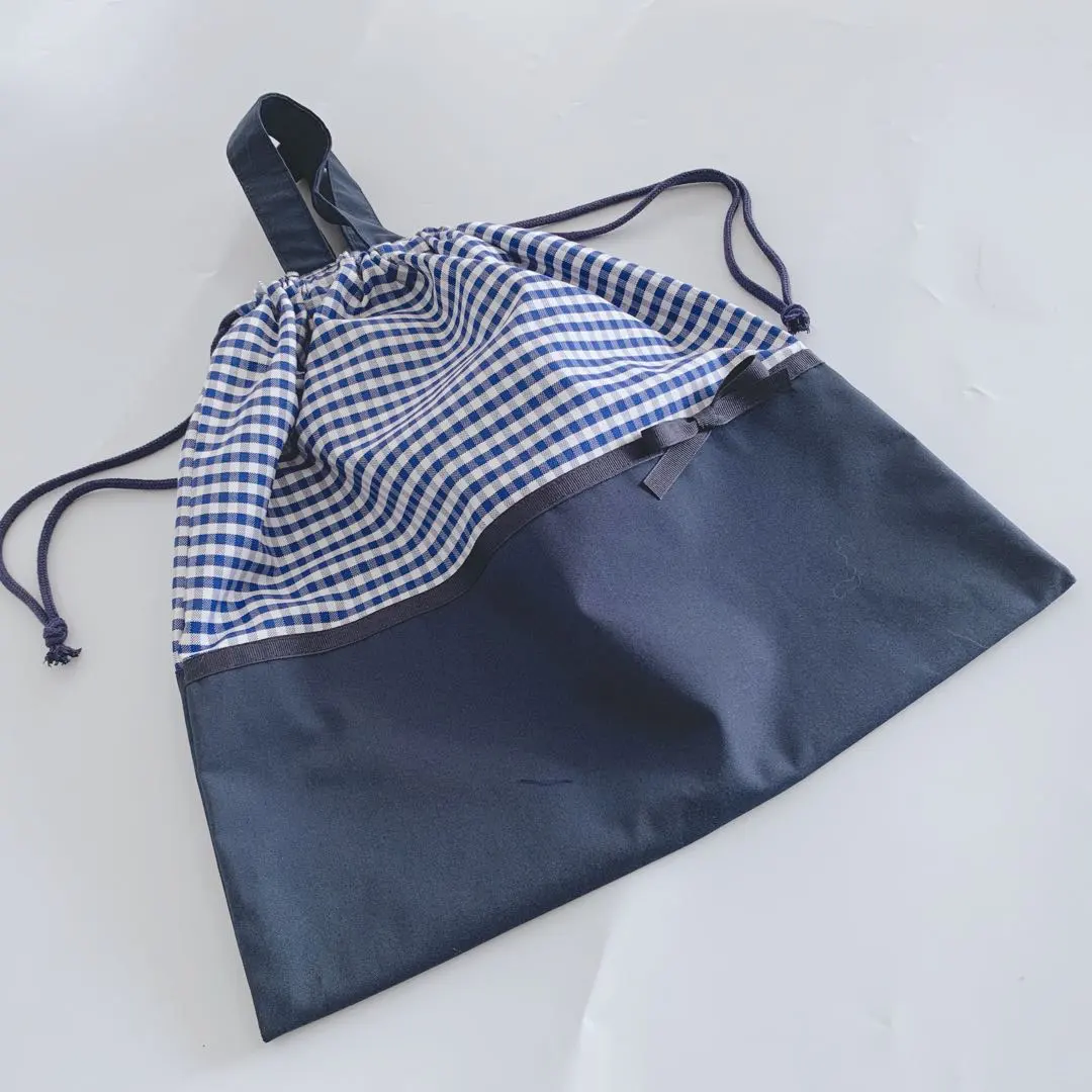 Thumbnail of Large drawstring bag with handle, blue gingham x navy ribbon