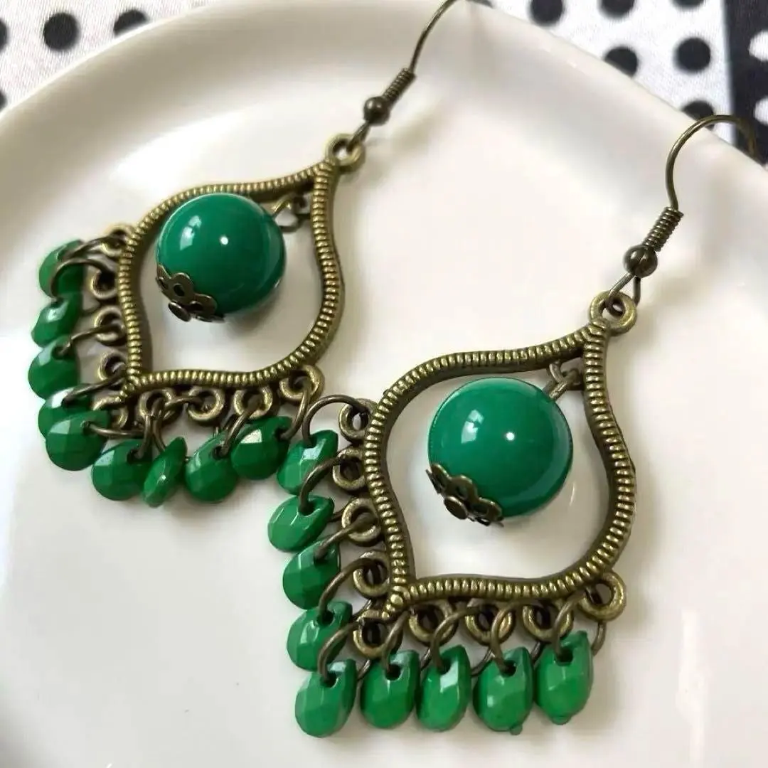 Thumbnail of Flamenco earrings, green beads, costume, stage performance, antique style