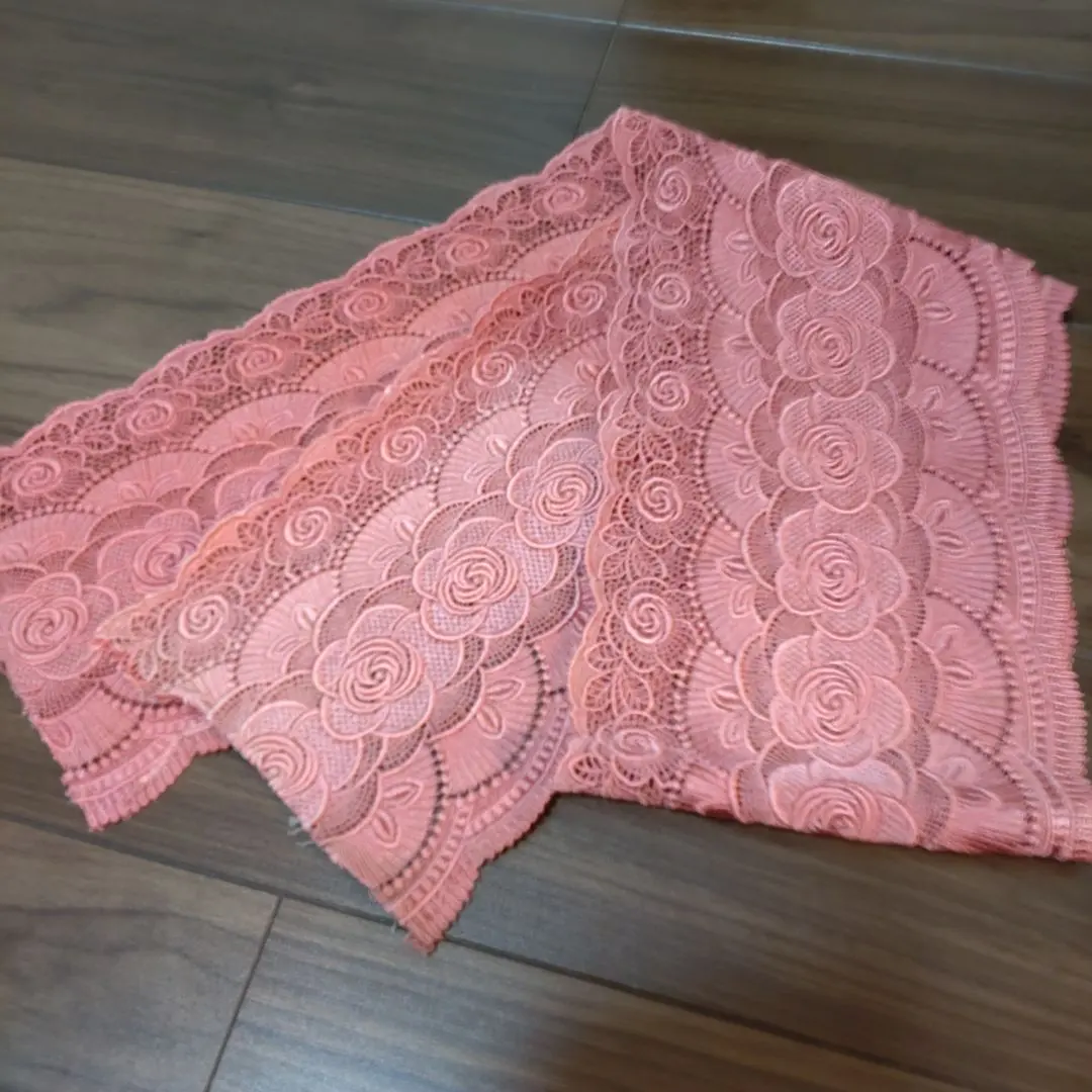 Thumbnail of Floral lace fabric, pink, scalloped edge, remnant