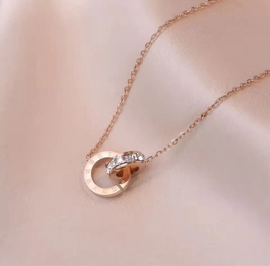 Thumbnail of Roman Numeral Double Ring Necklace Stainless Steel Rose Gold