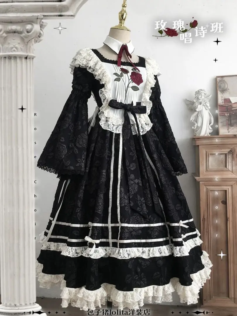 Thumbnail of ★New★ Gothic Lolita Black Dress with Frills and Rose Pattern Maid Dress
