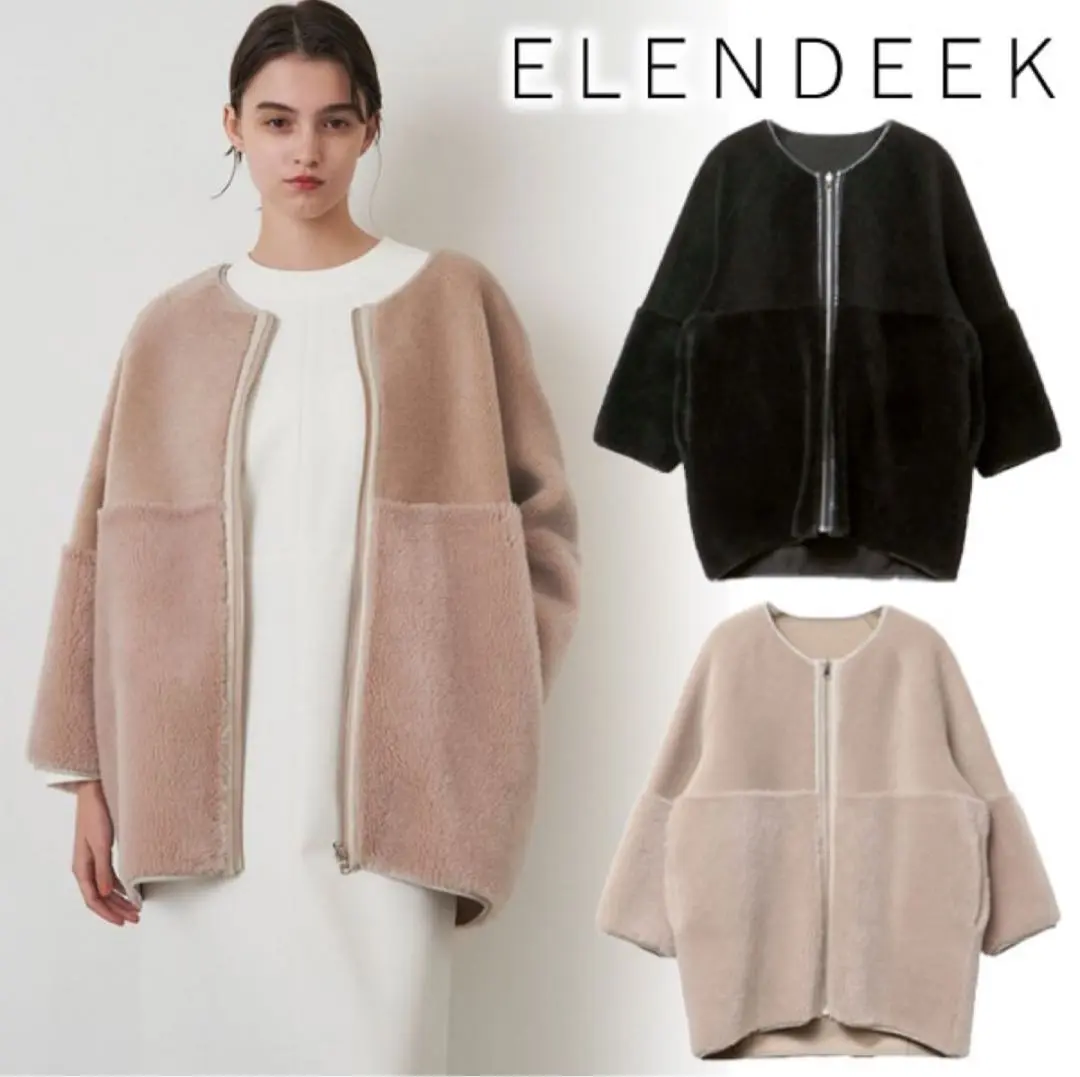美品/ELENDEEK/ファー/ライダース/F/NAVY