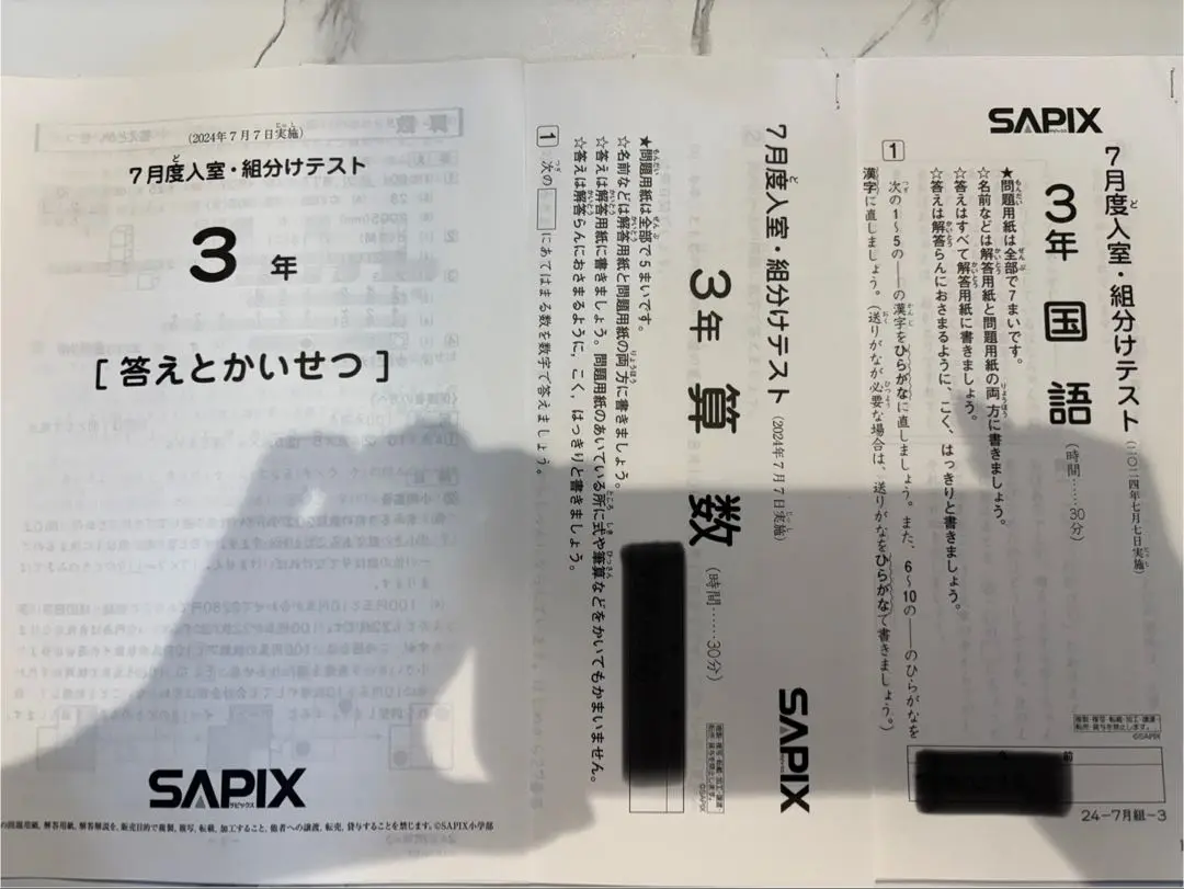 3年生のテスト3点（5月確認、7月入室組分け、7月復習） 2025年最新】sapix 組分けテスト 3年生 7月の人気アイテム