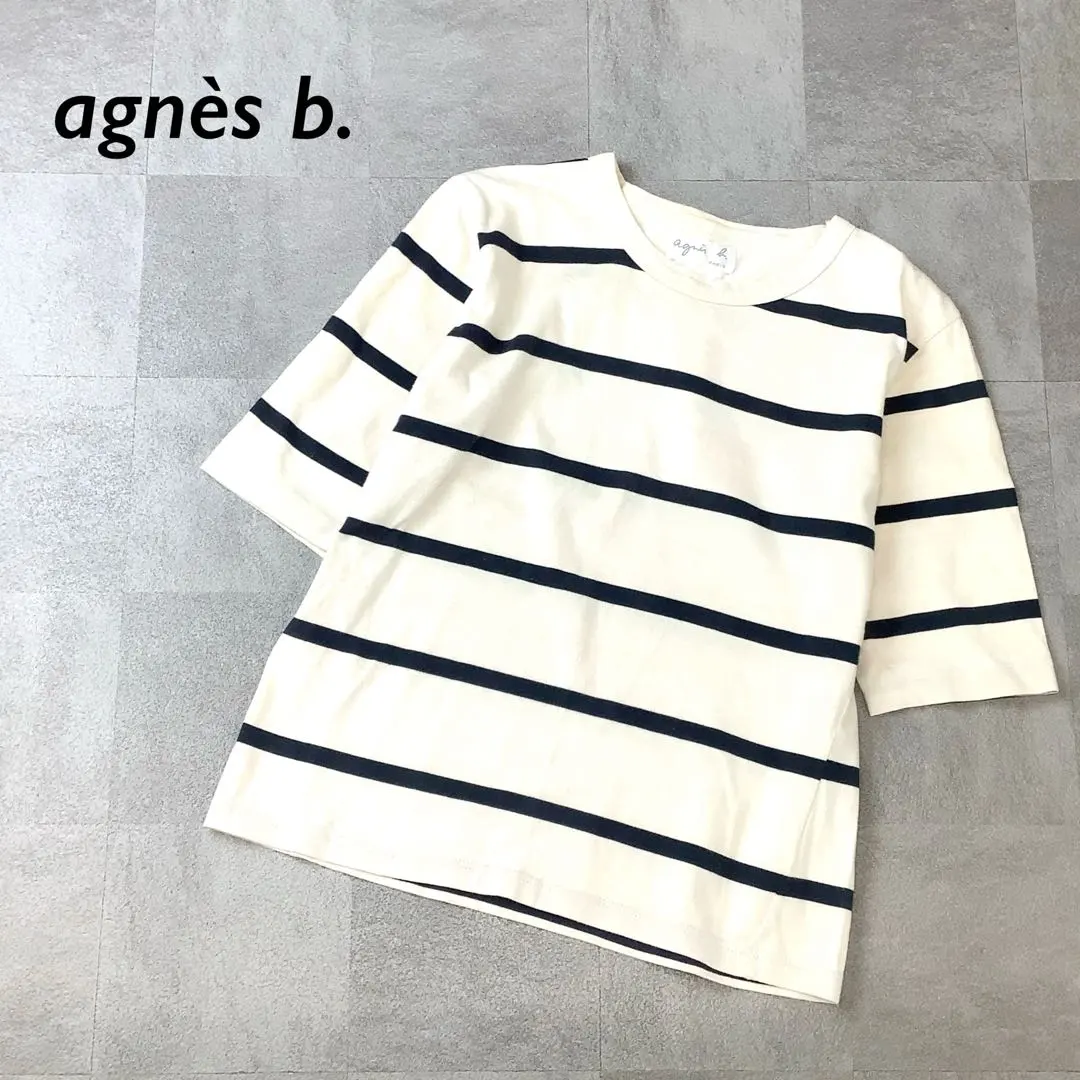Thumbnail of agnès b. Bordered Short Sleeve Cut-and-Sewn Top, Light Beige with Navy Lines