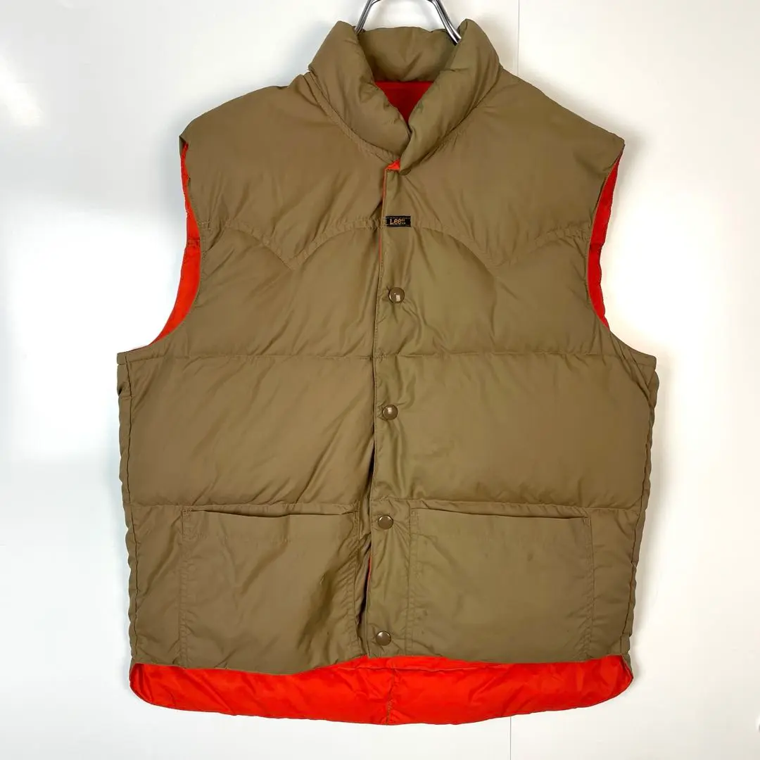 70s Lee キルティングベスト 黄色 古着 超美品 古着 70s USA製 Lee 丸首 パデッド ナイロン キルティング