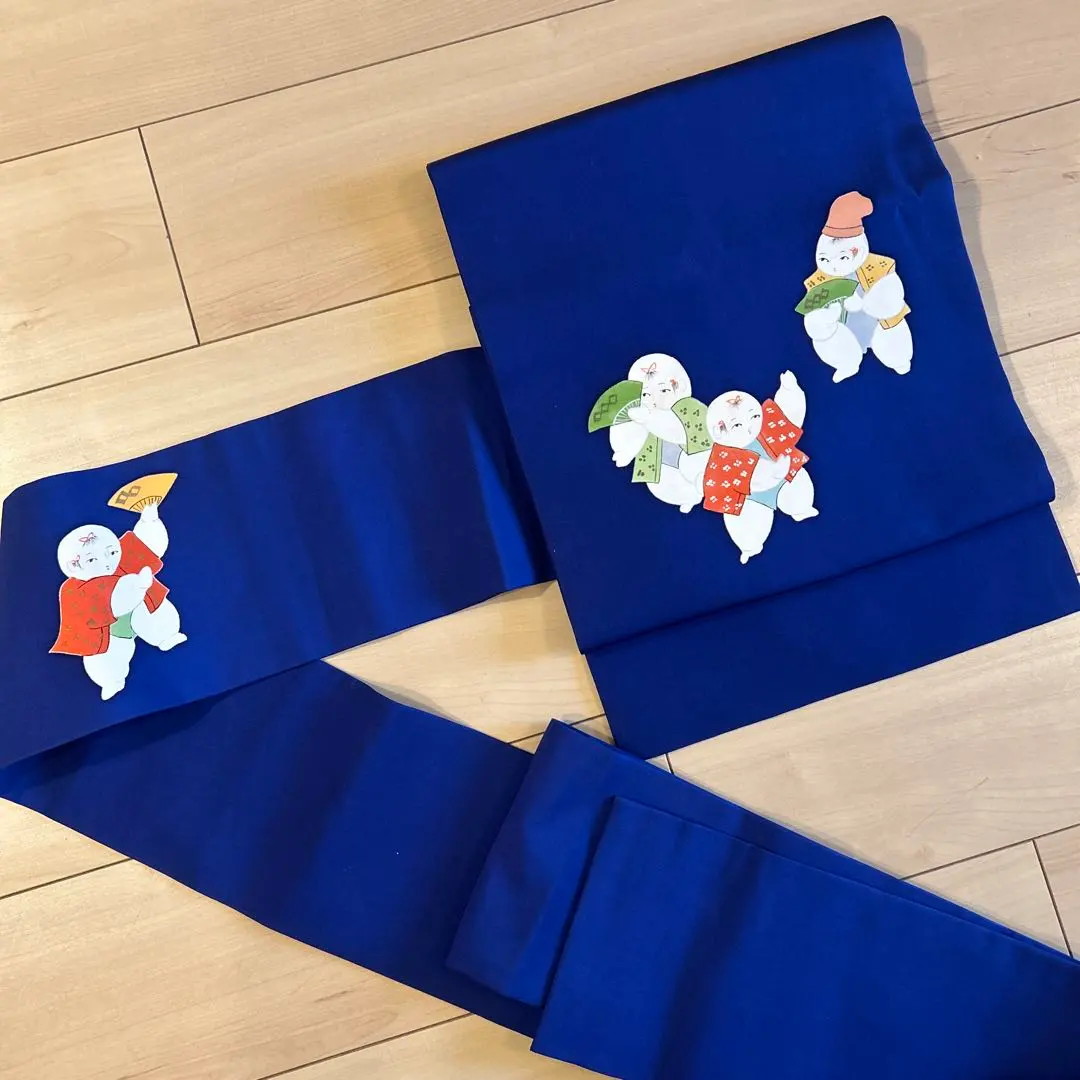 Thumbnail of Shiosé Nagoya obi, hand-painted Tang child pattern, indigo blue