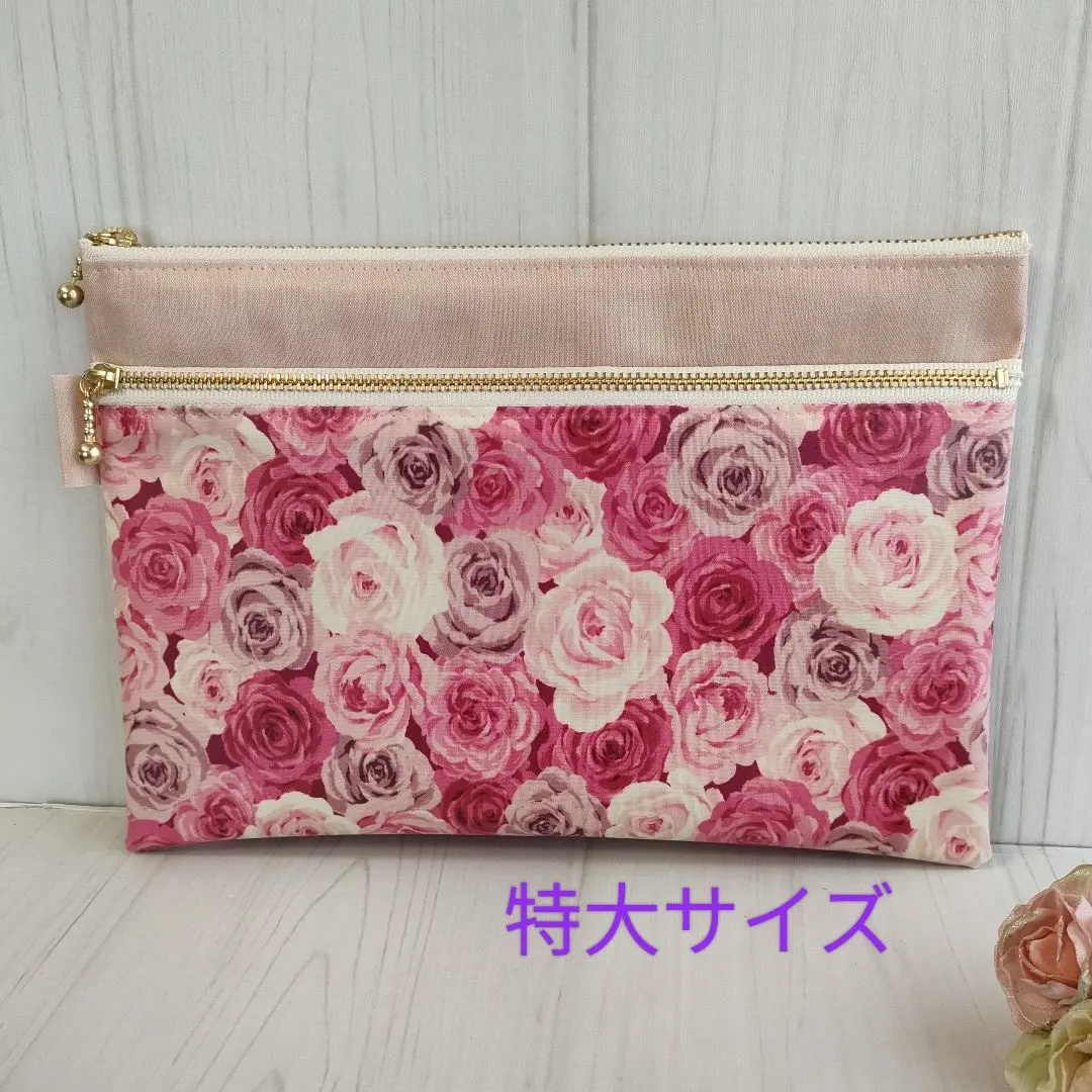 紅色系薔薇×素色 特大雙拉鍊收納包 口罩收納盒 藥品手冊收納 的縮圖