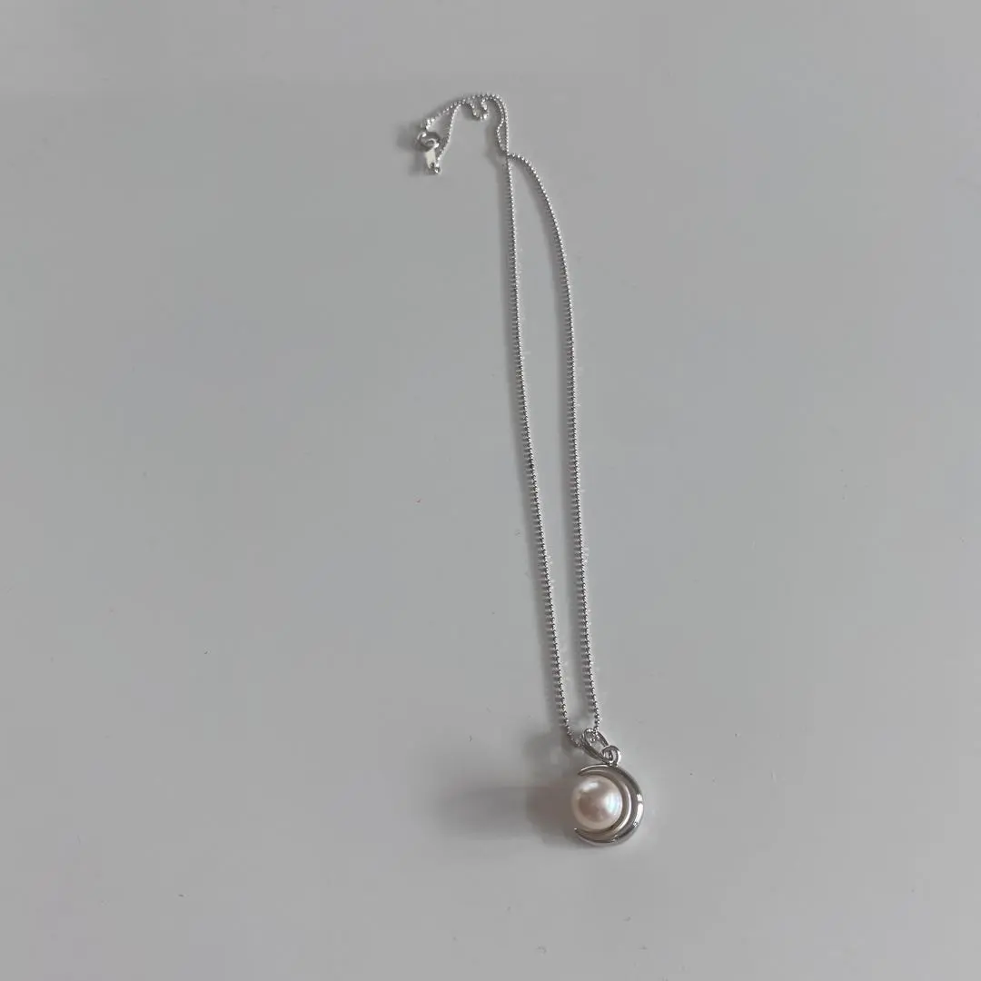 Thumbnail of Sterling silver 925 stamp. Genuine pearl, crescent moon necklace, new.