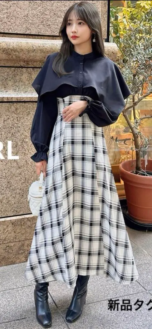 Thumbnail of GRL Grel Checkered Docking Cape Collar Dress L [pr49] New