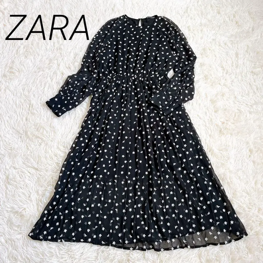 Thumbnail of ZARA Floral Embroidered Long Dress Chiffon Sheer Fabric Covered Buttons Black M