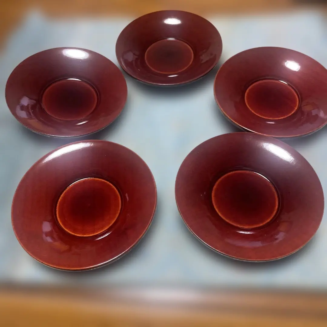 Thumbnail of Set of 5 beautifully lacquered items with reddish-brown wood grain