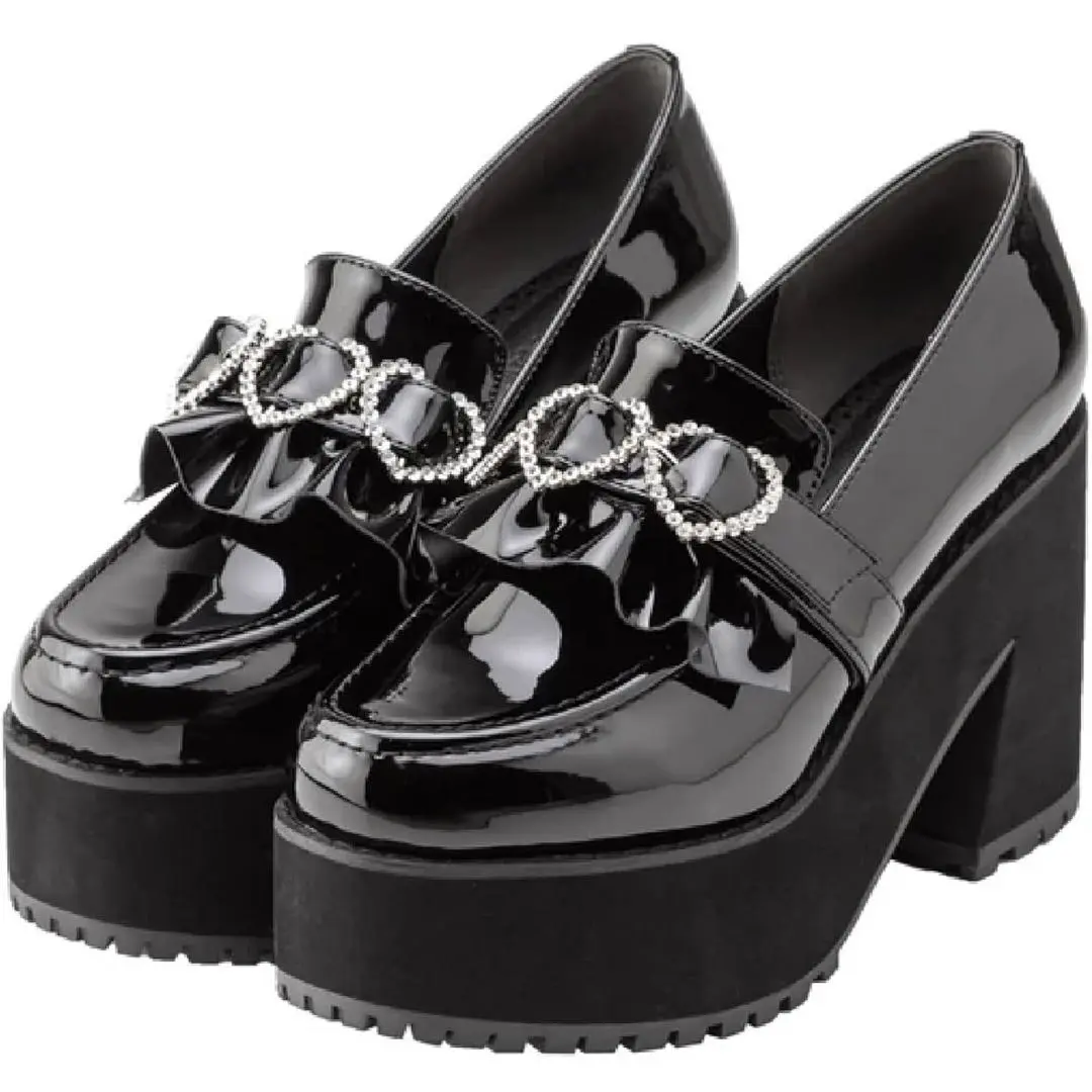 Thumbnail of Dear My Love Heart Frill Loafer Pumps 3-Strap Black Enamel