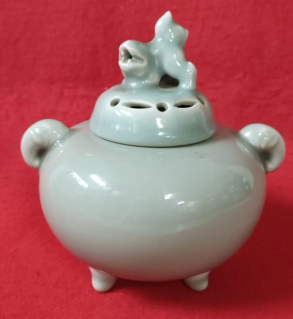 京焼　清水焼　香炉　青磁双耳獅子摘み香炉　高木鳳子　造 京焼 清水焼 香炉 青磁双耳獅子摘み香炉 高木鳳子 造