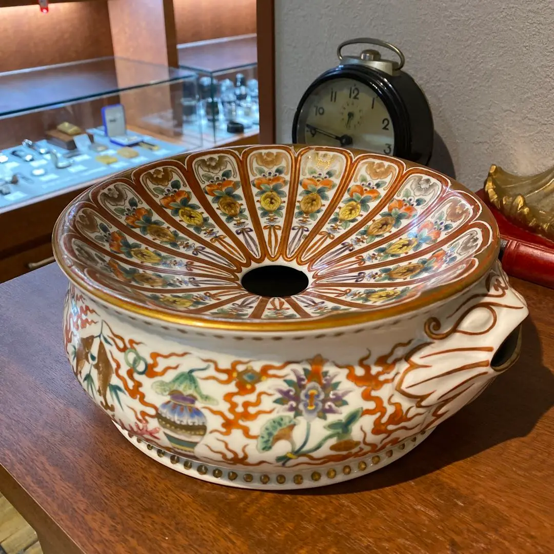 [希少】薩摩焼？九谷焼？　火鉢　金魚鉢　メダカ鉢　アンティーク　骨董品　時代物 希少】薩摩焼？九谷焼？ 火鉢 金魚鉢 メダカ鉢 アンティーク