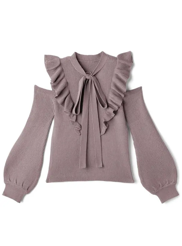 標籤GRL♡蝴蝶結領肩部鏤空荷葉邊針織衫♡L 的縮圖