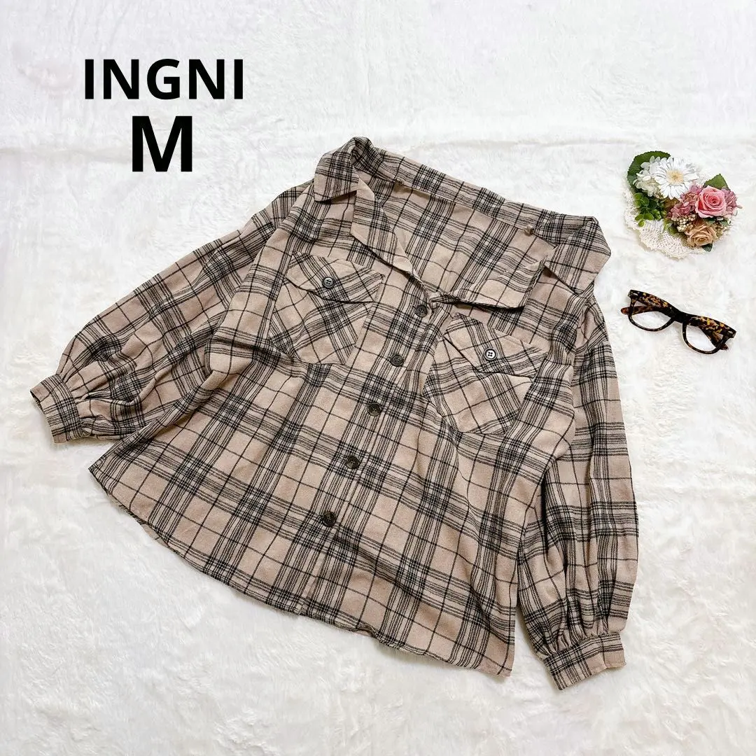 英格 查核襯衫 露肩 寬鬆 慵懶風 M 碼 上衣 的縮圖