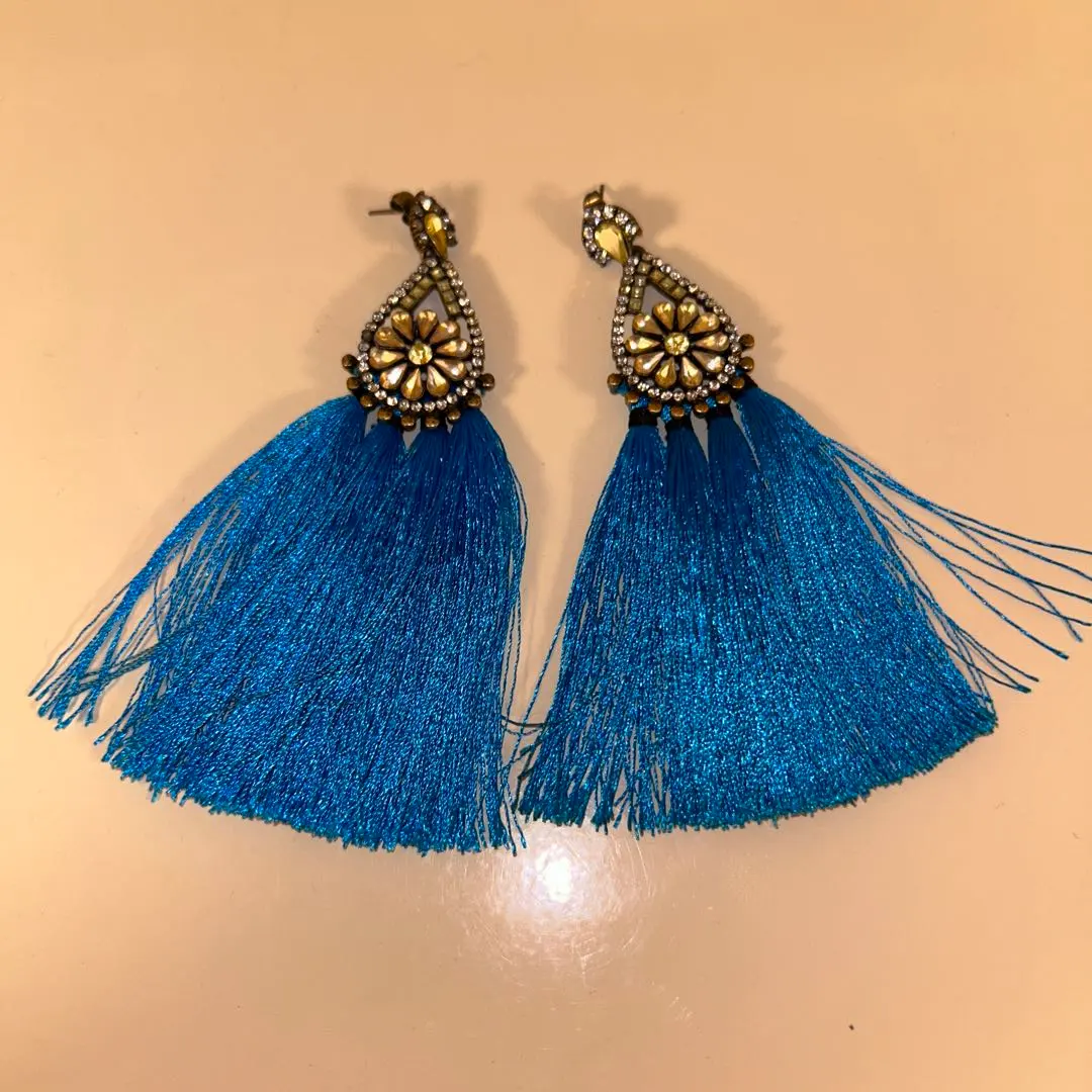 Thumbnail of Blue tassel earrings, ethnic style