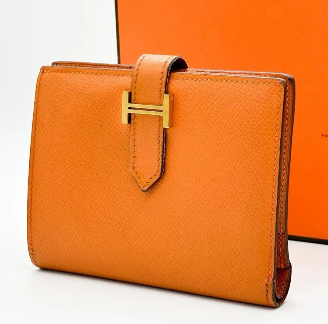 HERMES 愛馬仕 べ安 コンパクト □I 刻 橘色 短夾 的縮圖