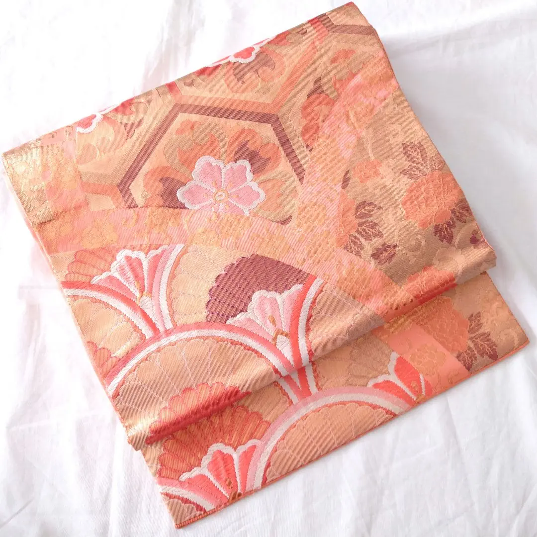 Thumbnail of Fukuro Obi (Formal Obi) - Pure Gold Leaf - Pink - Tortoiseshell Pattern - Seigaiha (Wave) Pattern