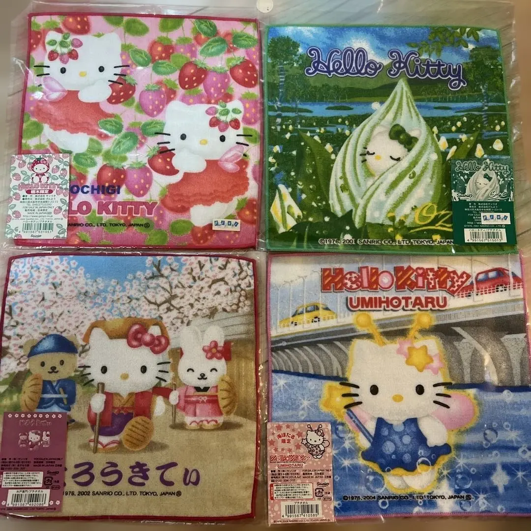 【未開封】Hello Kitty 地方限定手帕4條 栃木 尾瀨 水戶黃門 海螢 的縮圖