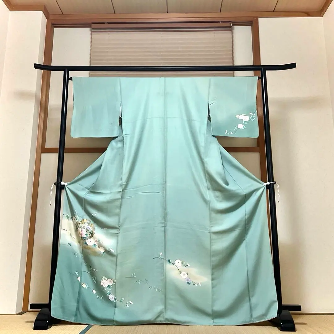 付下げ 雪輪花草紋樣 金彩 縐綢 綠青色 PK-1122 的縮圖