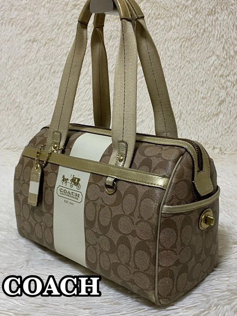 COACH ミニボストン包 手提包 米色 PVC COACH 的縮圖