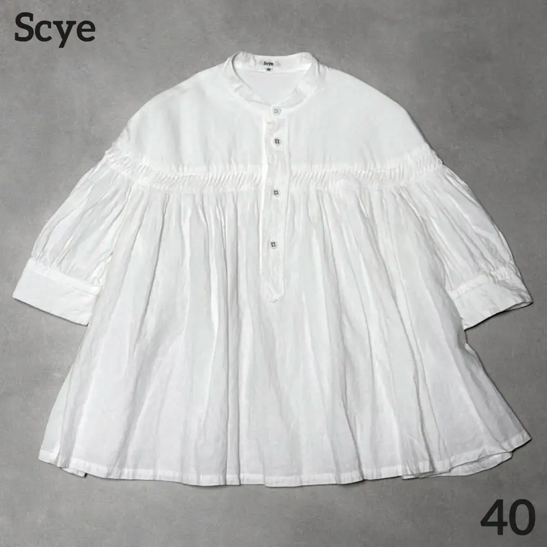 希少40！サイ Scye ピンタックブラウス 長袖 リネン ギャザー 白 qw5 希少40！サイ Scye ピンタックブラウス 長袖 リネン ギャザー 白