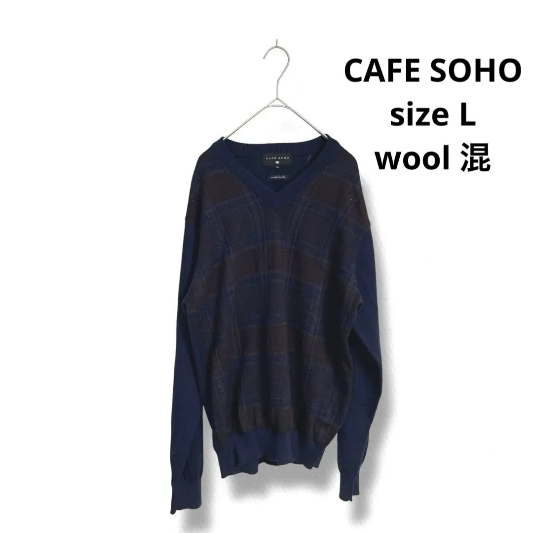 Thumbnail of CAFE SOHO Checkered V-neck Knit Sweater, Navy, Size L, Wool