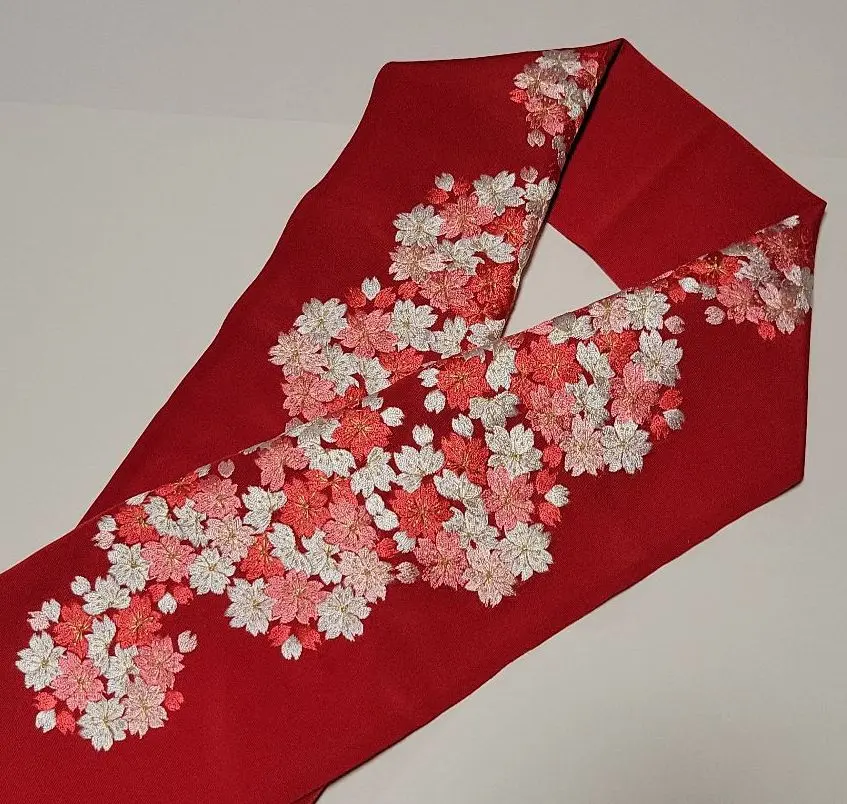 Thumbnail of New, for Furisode: Red base with embroidered roses, white, pink, and gold cherry blossoms, a half-collar.