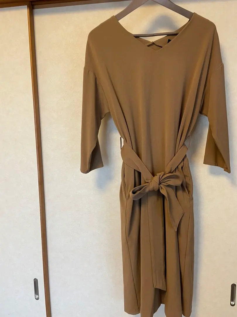 Thumbnail of nano universe Brown 3/4 Sleeve Waist Ribbon Long Dress