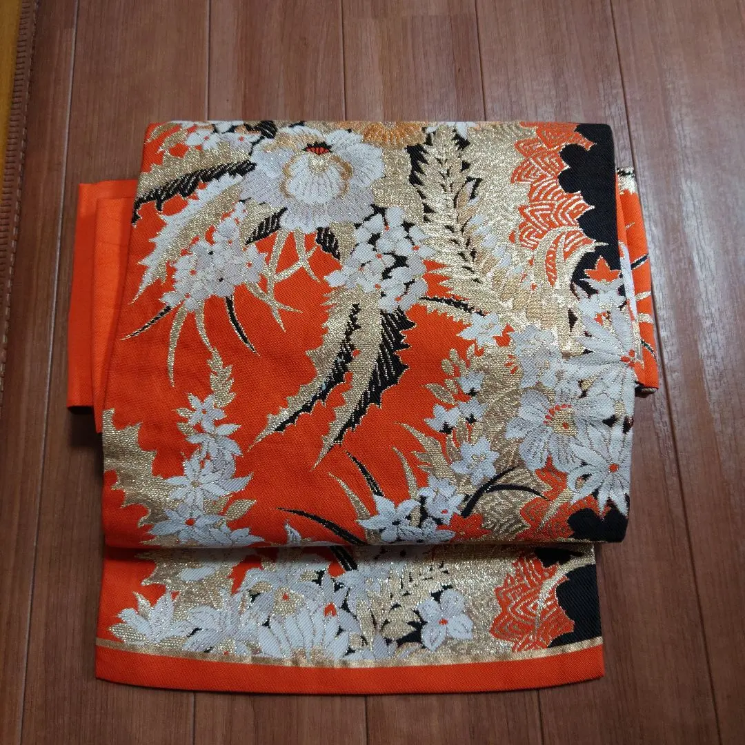 Thumbnail of Antique ★ Nagoya Obi ★ Gorgeous ★ Orange with Black, White, and Gold ★ Retro ★ Remake