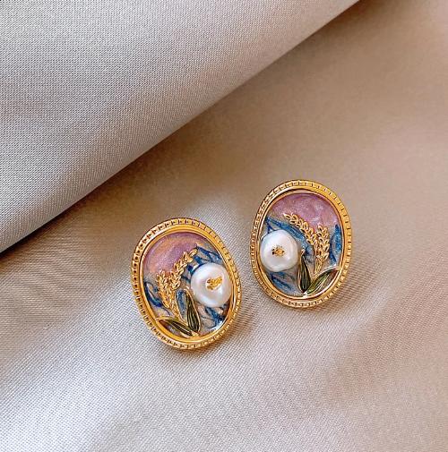 莫內花園油畫風珍珠耳環 高品質復古 的縮圖