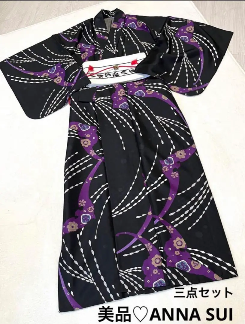美品♡ ANNA SUI  アナスイ　浴衣　帯　帯留　黒　三点セット 40 ANNA SUI アナスイ 浴衣セット ゆかた 帯 モノトーン 蝶 あ以