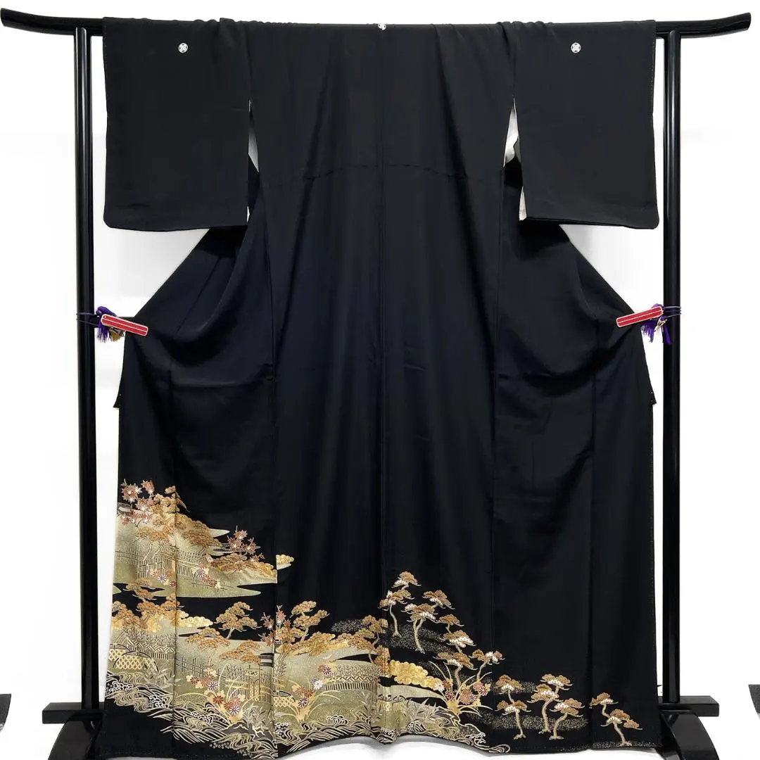 黑留袖 金駒刺繡 金彩 波 垣 松 菊 五個紋 和服 122b d ms 的縮圖