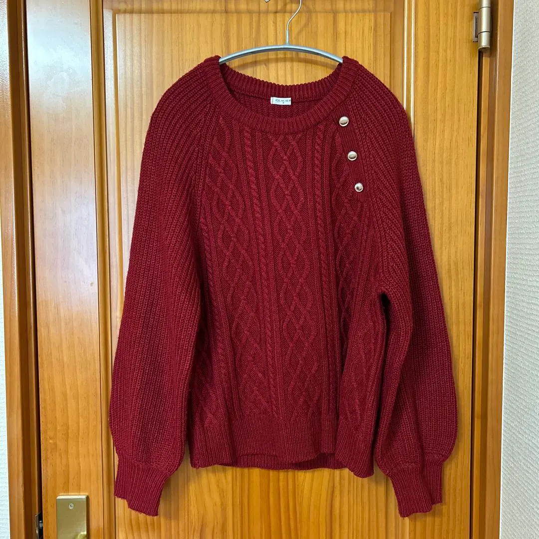Thumbnail of Wine red cable knit long-sleeved sweater