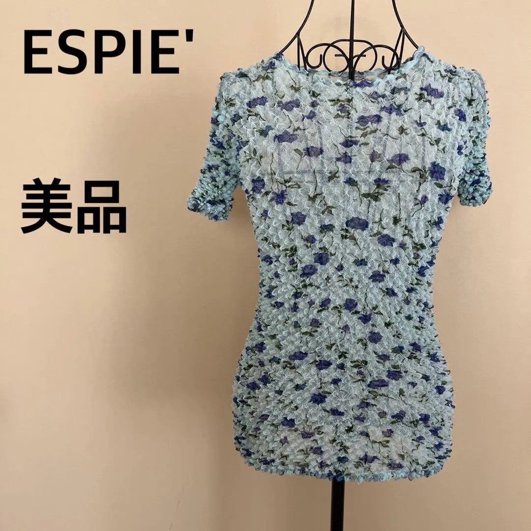 【美品】ESPIE'/短袖皺褶上衣/伸縮/透視/透膚/花紋 的縮圖
