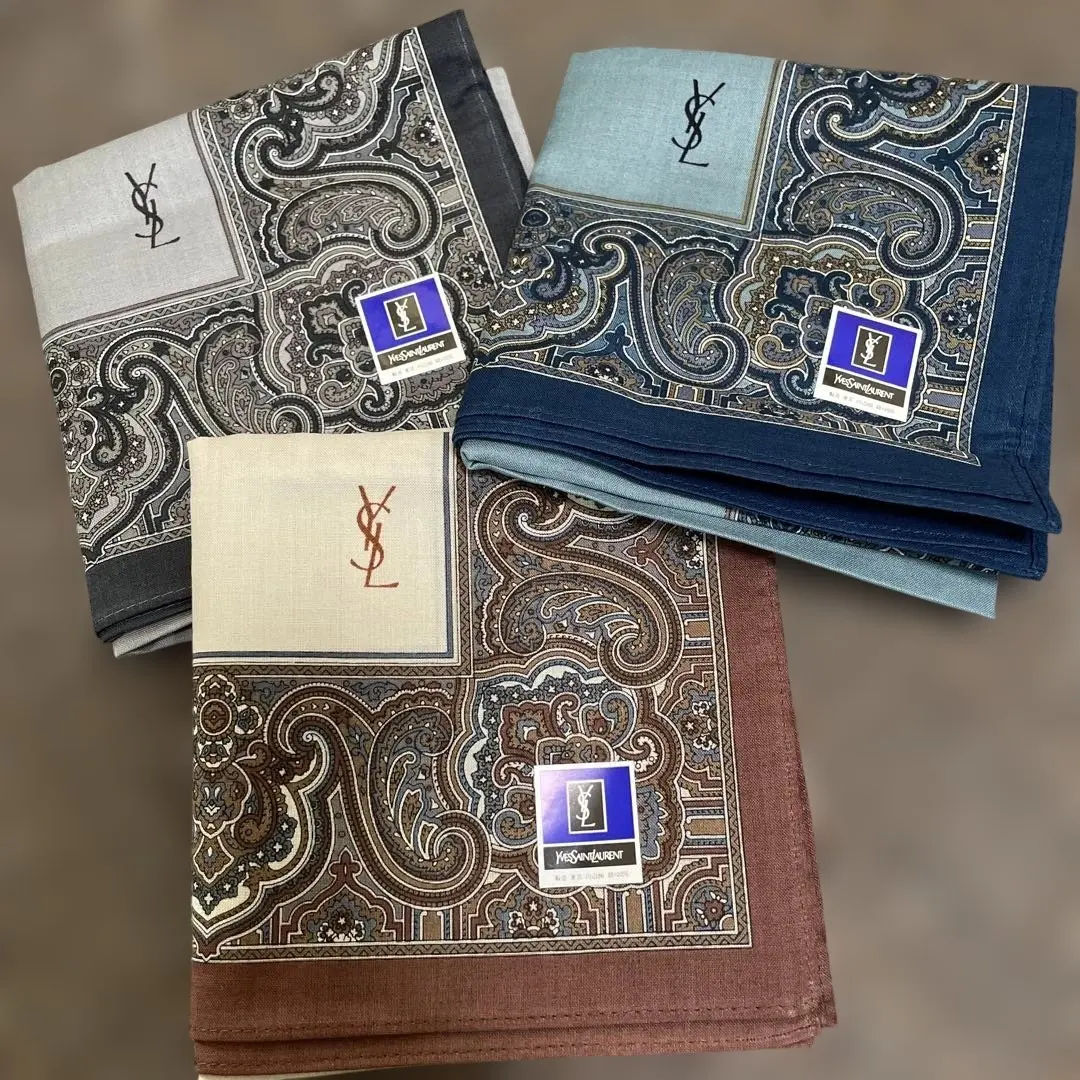 Thumbnail of Yves Saint Laurent Paisley Handkerchief Navy Black Brown Logo Set of 3