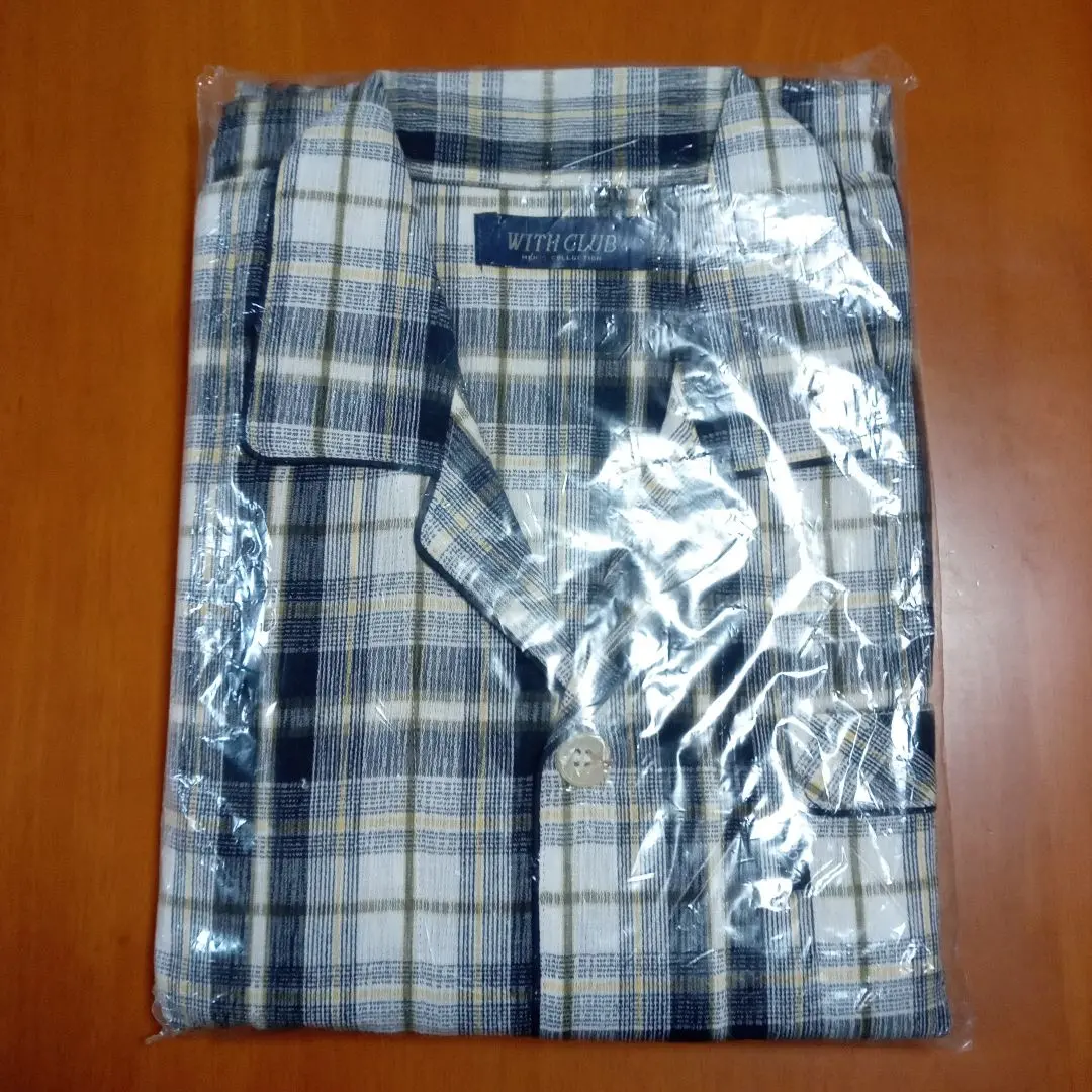 Thumbnail of New (Ltd.) With Men's Short Sleeve Long Pants Pajamas, 100% Cotton Check Pattern, White, Navy Blue, Yellow