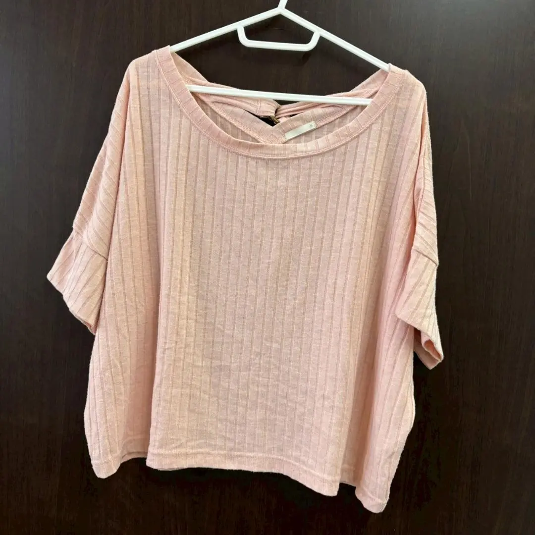 Thumbnail of ★GU Ribbed Knit Cut-and-Sewn T-Shirt, 5-Sleeve, Back Ribbon, Salmon Pink, M, Spring/Summer