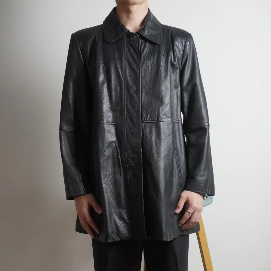 復古風 真皮夾克外套 綿羊皮 黑色/BZ207 的縮圖