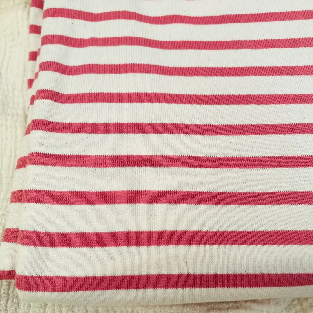 Thumbnail of 16/2 Fine Count Tenjiku (Jersey Knit) - Pink x Natural Border Knit Fabric. Width: 140cm x 50cm